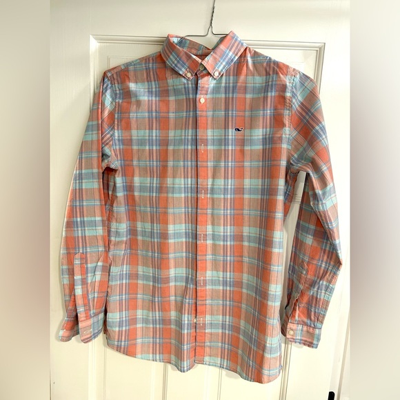 Vineyard Vines Boy’s Casual Plaid Shirt - Coral and Sky Blue size XL (18) - Picture 1 of 1